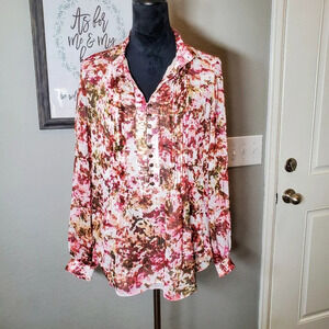 Coldwater Creek Lined Watercolor Floral Sheer Long Sleeve Quarter Button Blouse